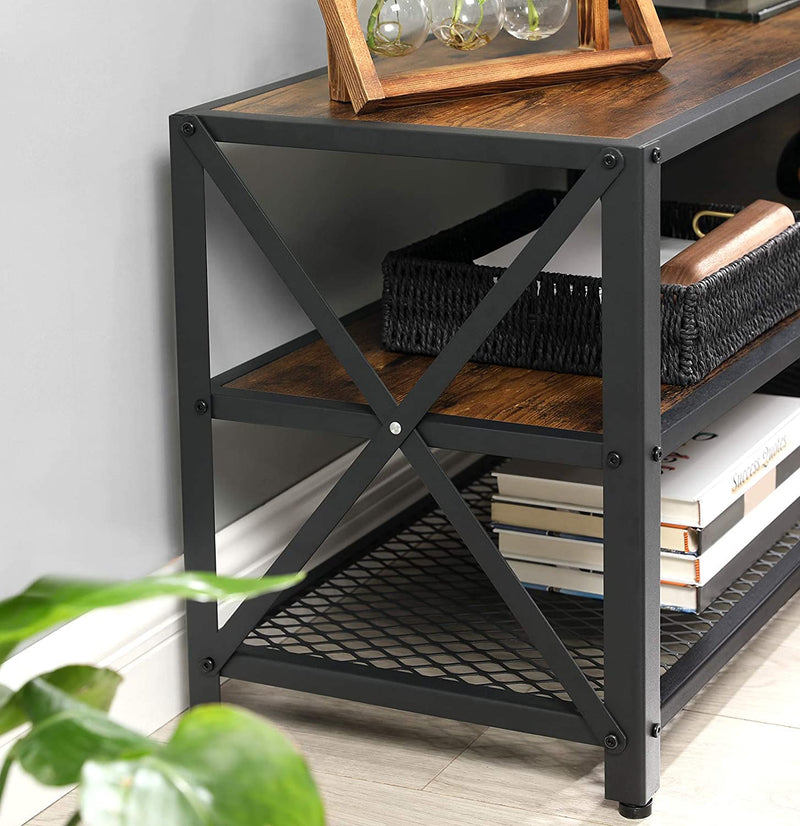 TV-kast, TV-tafel, lowboard voor TV tot 70 inch, TV-kast met rekken, stalen frame,  bruin-zwart LTV095B01