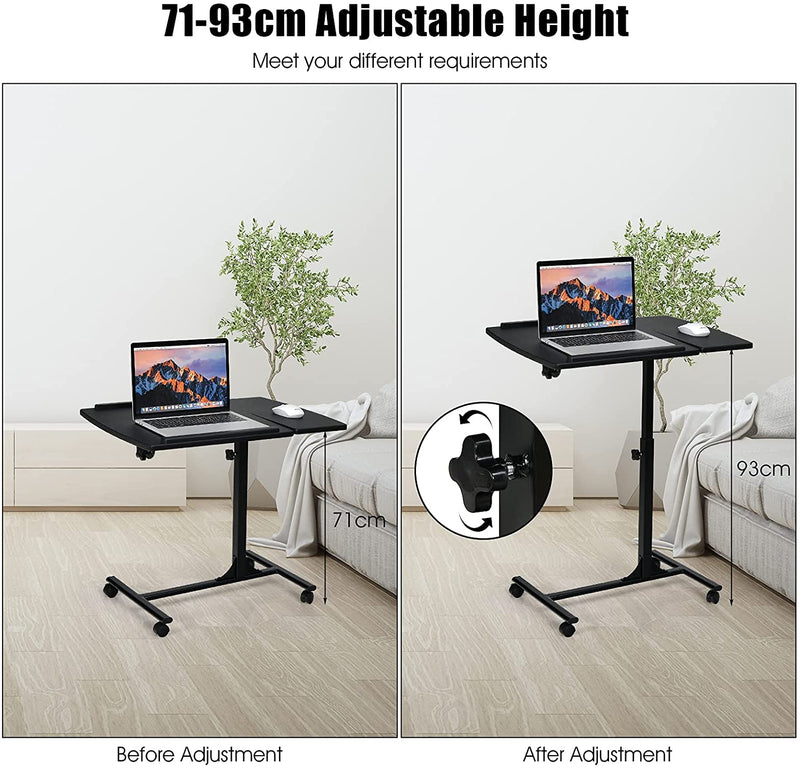 Verstelbare bedtafel, bijzettafel overbed tafel, laptopstandaard met wielen en remmen (Zwart)