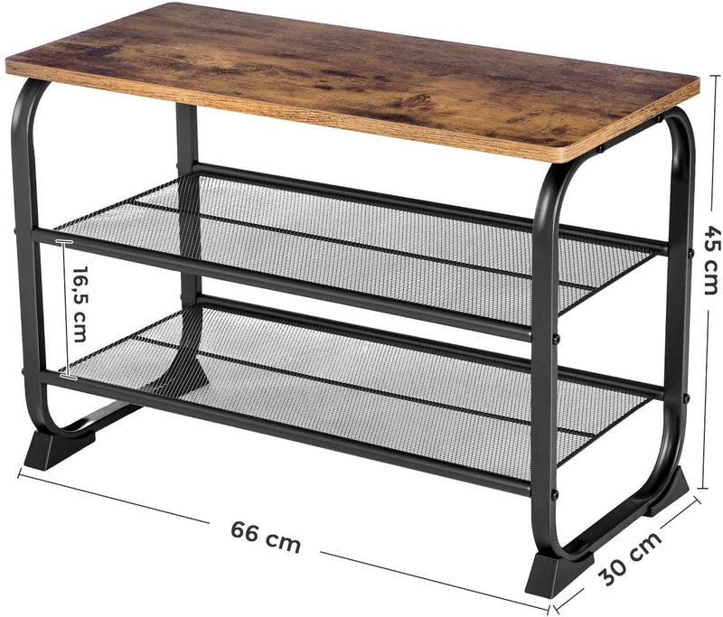 Schoenenbank schoenenkast in industrieel design, schoenenrek met 2 roosterplanken, afgerond frame, eenvoudige montage, stabiel, ruimtebesparend, smal, houtlook, vintage LMR32BX