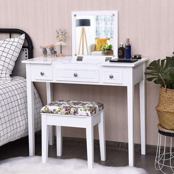 Kaptafel set met opklapbare bovenkant spiegel, 3 laden en een groot tafelblad, kaptafel set met gewatteerde kruk, ideaal voor slaapkamer, woonkamer, kleedkamer, badkamer, eenvoudige montage