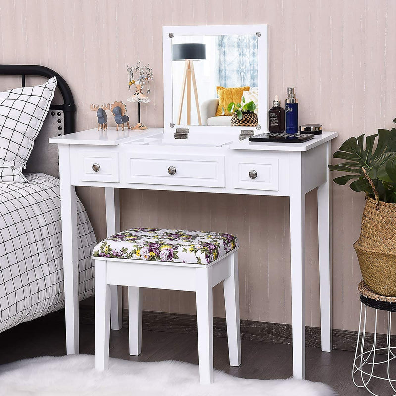 Kaptafel set met opklapbare bovenkant spiegel, 3 laden en een groot tafelblad, kaptafel set met gewatteerde kruk, ideaal voor slaapkamer, woonkamer, kleedkamer, badkamer, eenvoudige montage