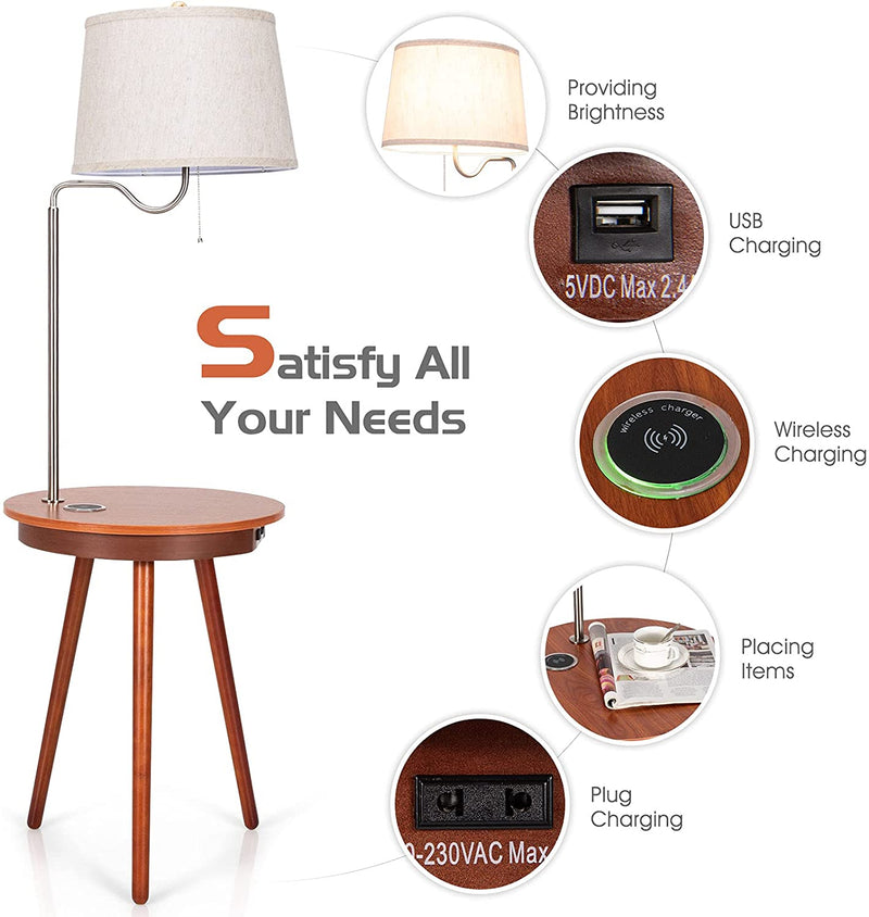 Staande lamp bijzettafel, 3-in-1 staande lampen, stoffen lampekap & houten bijzettafel, inclusief USB oplaadpoort, 220V stopcontact & draadloze oplader,