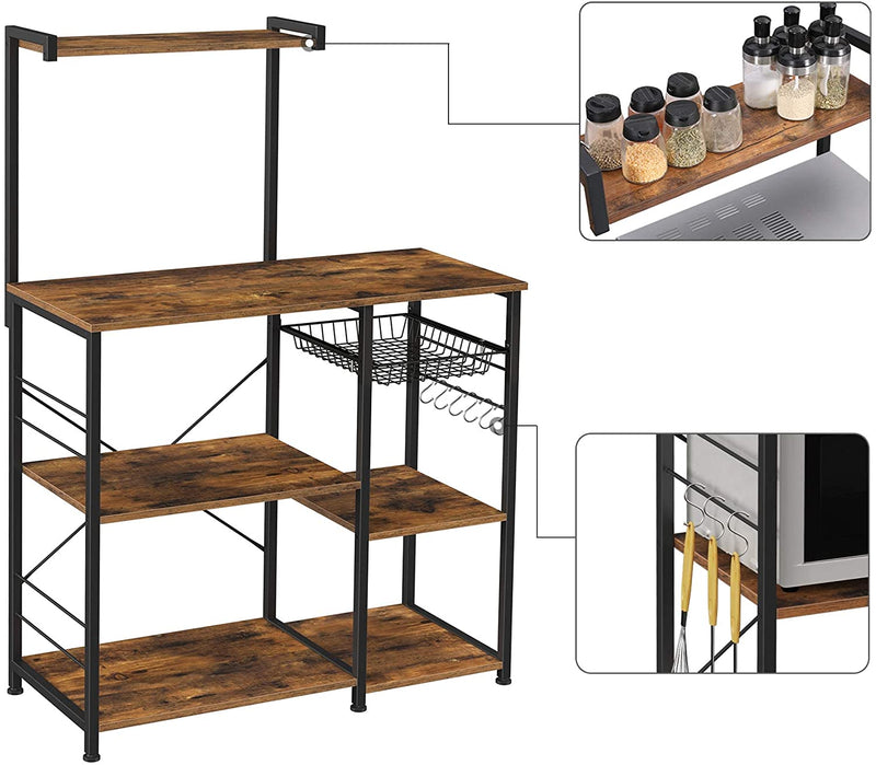 keukenplank, staande plank met metalen mand, bakkerijplank met 6 S-haken en planken, magnetronplank, kruidenrek, voor potten en pannen, industrieel ontwerp, vintage bruin-zwart KKS35X