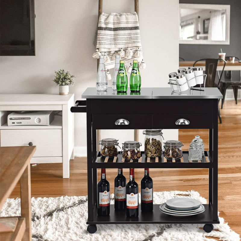 Keukentrolley, mobiele keukenwagen met roestvrij staal flip up tafelblad, keukeneiland trolley serveerwagen met rollende wielen, lade, rek, en plank (Bruin)