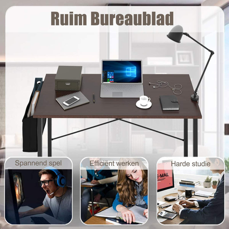 Bureau, computer bureau, 102cm computertafel, PC tafel, bureautafel, kantoortafel met zij-opslagzak, industriële PC-bureau, zwart metalen frame, ideaal voor thuis en op kantoor