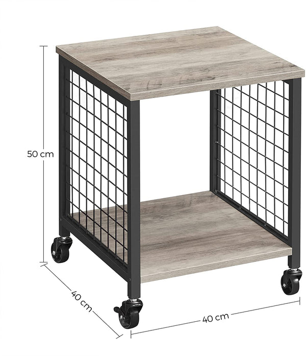 Bijzettafel, nachtkastje, met wielen, stalen frame, legplanken, 40 x 40 x 50 cm, voor woonkamer, slaapkamer, industrieel ontwerp, grijs-zwart LET274B02