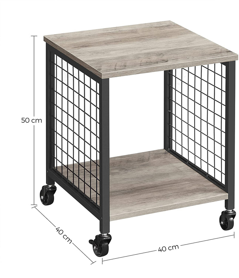 Bijzettafel, nachtkastje, met wielen, stalen frame, legplanken, 40 x 40 x 50 cm, voor woonkamer, slaapkamer, industrieel ontwerp, grijs-zwart LET274B02