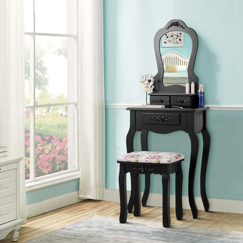 Kaptafel set met waaiervormige spiegel, make-up tafel met kussentje en 3 lades, kaptafel voor cosmetica opslag, 2 in 1 klassiek kaptafel set met afneembare bovendeel, cadeau voor meisjes (Zwart)