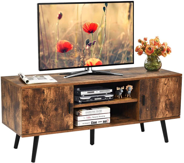moderne TV-standaard, met 5 grenenpoten, TV-console opslagkast, met compartiment en open plank, ouderwets thuis media entertainment middel voor de slaapkamer, woonkamer en kantoor