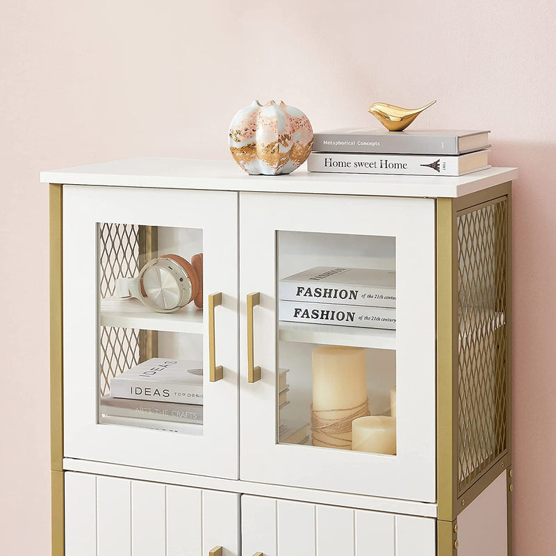Badkamerkast, dressoir, opbergkast, verstelbare plank, stalen frame, voor woonkamer, keuken, wit-goudkleurig LSC260G10