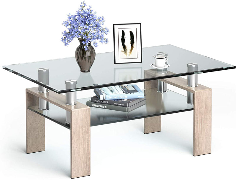 glazen salontafel, moderne koffietafel met lage plank,  (Natuurlijk)