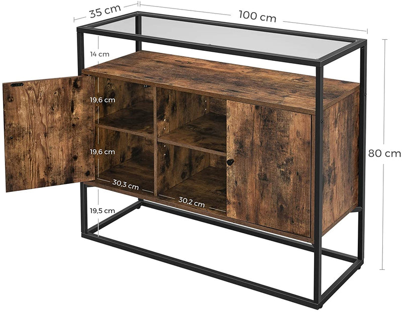 Sideboard, bijzetkast, dressoir, keukenkast met glazen oppervlak en open vakken, woonkamer, hal, stabiel stalen frame, gehard glas, industrieel design, vintage bruin-zwart LSC014B01