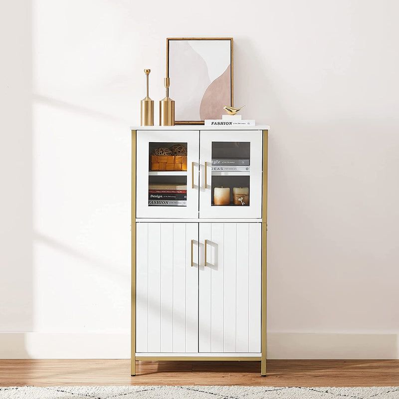 Badkamerkast, dressoir, opbergkast, verstelbare plank, stalen frame, voor woonkamer, keuken, wit-goudkleurig LSC260G10