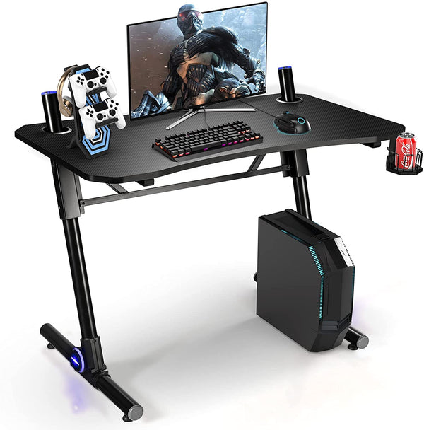 Gaming bureau, in hoogte verstelbaar PC computertafel met blauwe LED-verlichting, gaming handvat rek & bekerhouder,