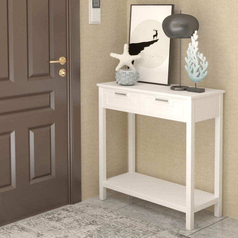 Console tafel,  met 2 lades en onderplank,   Ingangstafel met Massief houten poten