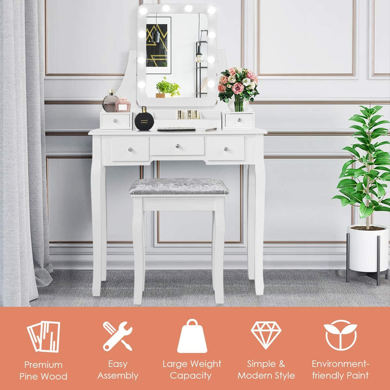 Kaptafel set met rechthoekige spiegel en gedempte kruk, make-up tafel met 10 LED-dimbare gloeilampen, met 5 laden(Zwart)