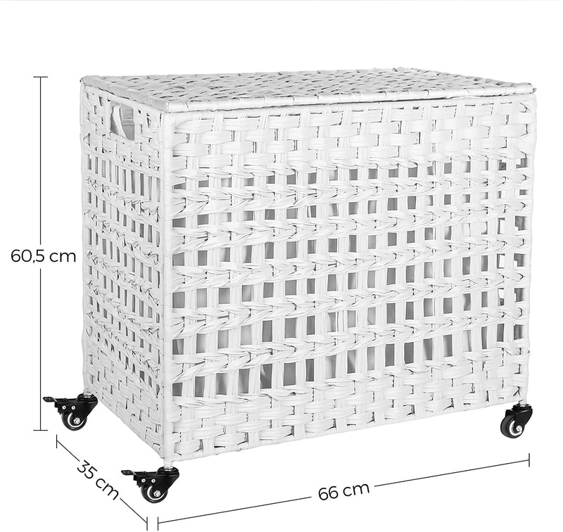 handgeweven wasmand met deksel, wasmand in rotanstijl met 3 aparte compartimenten, handgrepen, verwijderbare voeringzakken, voor woonkamer, badkamer, wasruimte, wit LCB083W01