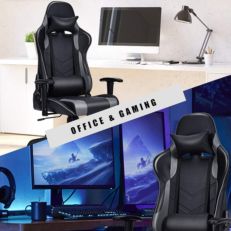 gaming stoel, bureaustoel, lederen bekleed rollend computerstoel met hoofdsteun, lumbale steun, verstelbare armleuning, hoge rug, draaibare gamingstoel voor thuis, kantoor (Zwart)