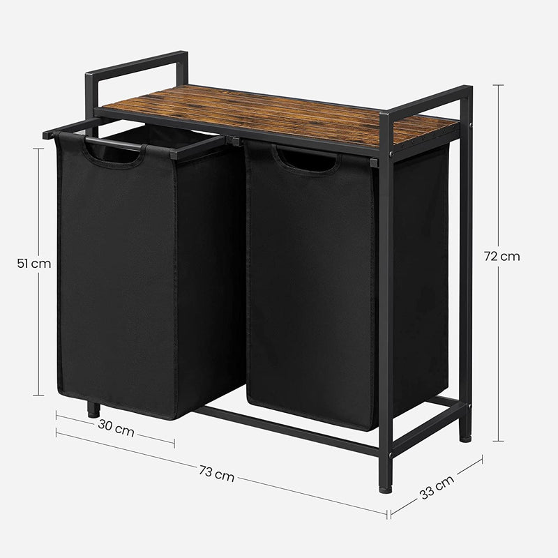 wasmand, wassorteerder met plank en uittrekbare zakken, wasorganizer, metalen frame, 2 Oxford-stoffen afneembare zakken, rustieke bruin en zwart
