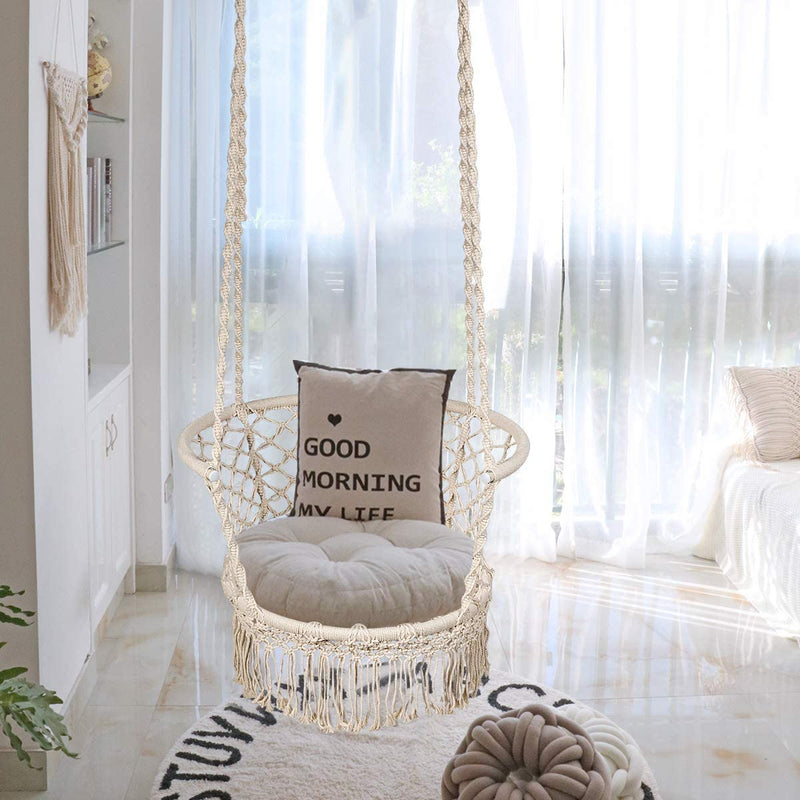 Hangstoel macrame schommelstoel, hangende katoenen touw stoel met kwastjes, maximaal 160kg  (kussens niet inbegrepen) (Beige)