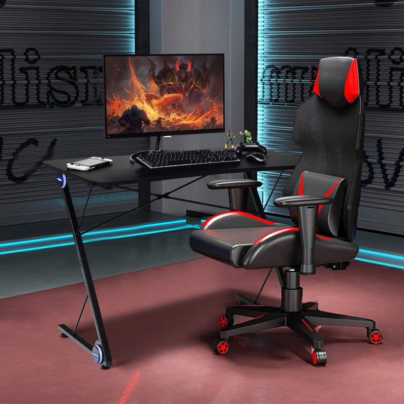 Game bureau, gaming tafel, Z-vormig professioneel gamer werkstation met LED-verlichting & groot koolstofvezel oppervlak, ergonomische PC-gametafel, computerbureau voor thuiskantoor, 110 x 60 x 78cm
