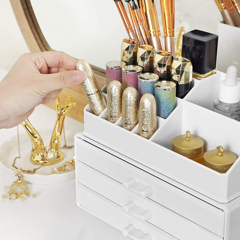 Make-up Organizer van acryl, cosmetica organizer met 3 lades en 15 vakken in verschillende maten, anti-slip inzetstukken, voor make-up en sieraden, wit JKA002WT