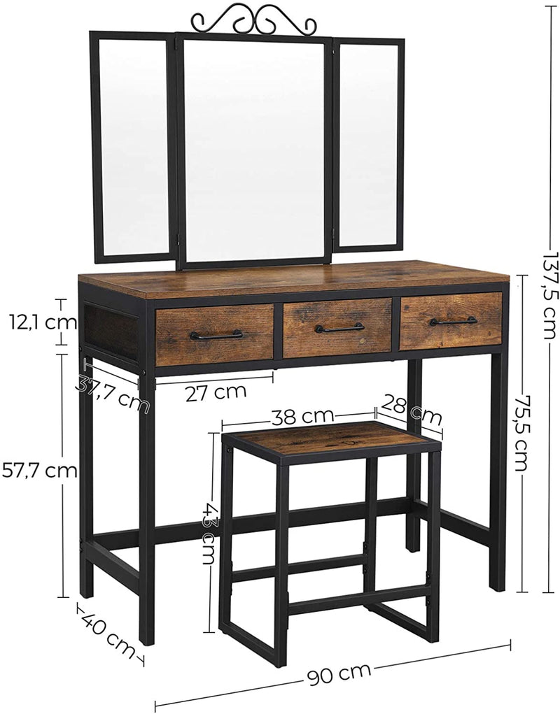 Kaptafel met kruk, Dressing Table met 3-delige klapspiegel en 3 lades, stalen frame, vintage bruin-zwart RVT02BX