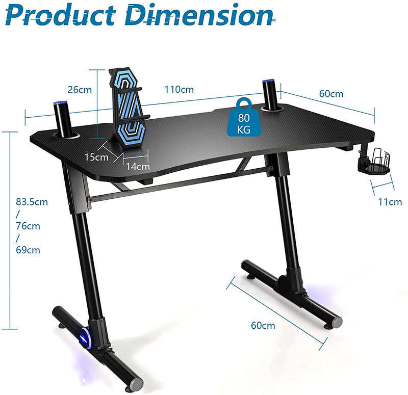 Gaming bureau, in hoogte verstelbaar PC computertafel met blauwe LED-verlichting, gaming handvat rek & bekerhouder,