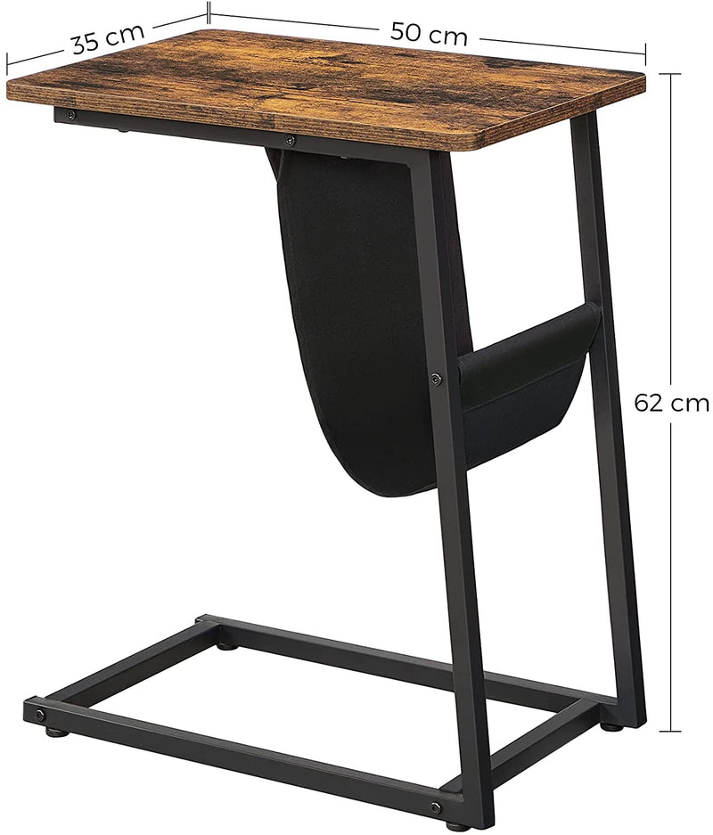 bijzettafel, C-vormige salontafel, laptoptafel met stoffen tas, voor woonkamer, slaapkamer, industrieel ontwerp, vintage bruin-zwart LET351B01