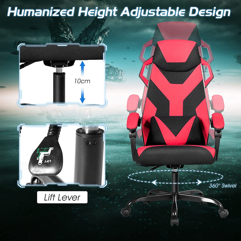 Hoge rugleuning gamingstoel, verstelbare racing style draaibare werkstoel met lendensteun en gevoerde armleuningen,  (Rood)