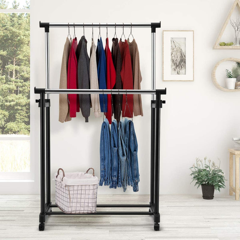 Rolbare Kledingrek, dubbele stangen Inhoogte verstelbaar kledingrek, draagbare kledingrek met wielen, 86 x 43 x 168cm