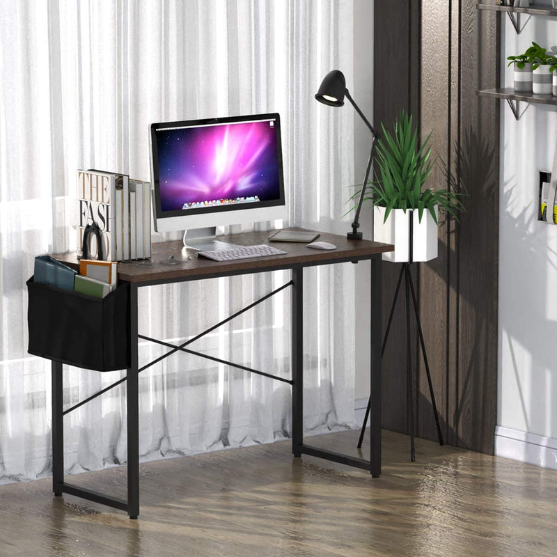 Bureau, computer bureau, 102cm computertafel, PC tafel, bureautafel, kantoortafel met zij-opslagzak, industriële PC-bureau, zwart metalen frame, ideaal voor thuis en op kantoor
