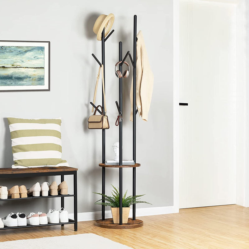 Kapstok, vrijstaand kledingrek, garderobe in boomvorm met 8 haken, 2 ronde planken, voor kleding, hoed, tas, woonkamer, slaapkamer, kantoor, donkerbruin-zwart