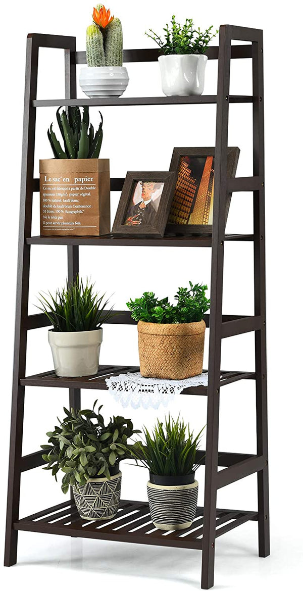 4 Laags bamboe plantenstandaard ladderplank, rustieke planten bloemstandaard bloemenrek, multifunctionele vrijstaande opberg  (Donker koffie)