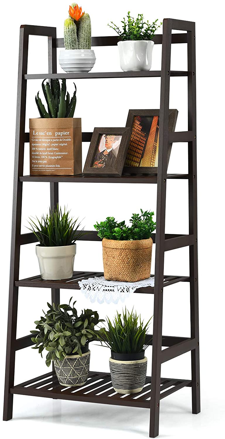 4 Laags bamboe plantenstandaard ladderplank, rustieke planten bloemstandaard bloemenrek, multifunctionele vrijstaande opberg  (Donker koffie)