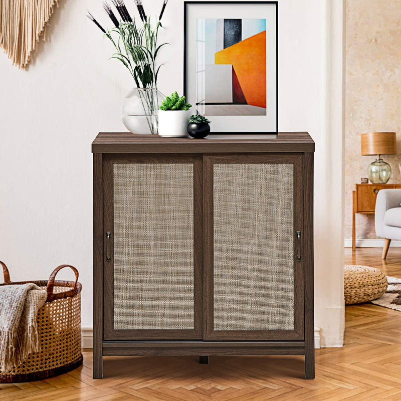 Houten kast met schuifdeur, moderne opbergkast, , stapelbare dressoir opbergkast walnoot