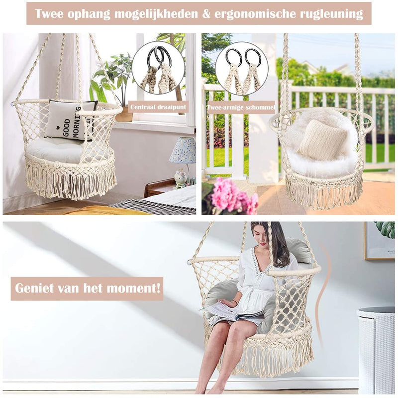 Hangstoel macrame schommelstoel, hangende katoenen touw stoel met kwastjes, maximaal 160kg  (kussens niet inbegrepen) (Beige)