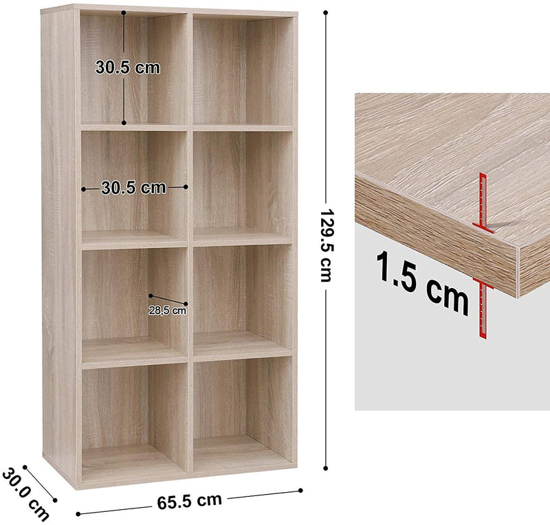 Boekenkast, boekenplank, met 8 vakken,  woonkamer, slaapkamer, kinderkamer, eikenkleurig