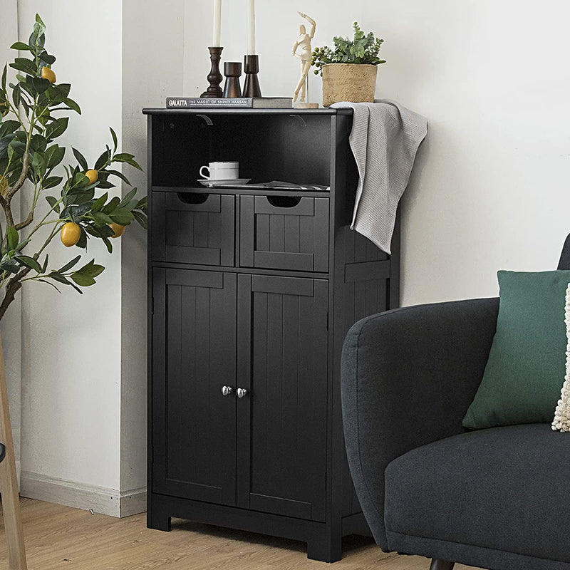 Badkamerkast vloerkast, opbergkast met een open plank, twee deuren en twee verstelbare laden, staande badkamerkast voor keuken, badkamermeubel voor woonkamer, badkamer, slaapkamer (Zwart)