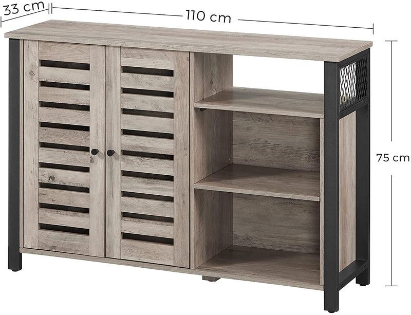 Sideboard, kast met 2 deuren, verstelbare planken, voor eetkamer, woonkamer, keuken, 110 x 33 x 75 cm, industrieel design, grijpzwart LSC083B02