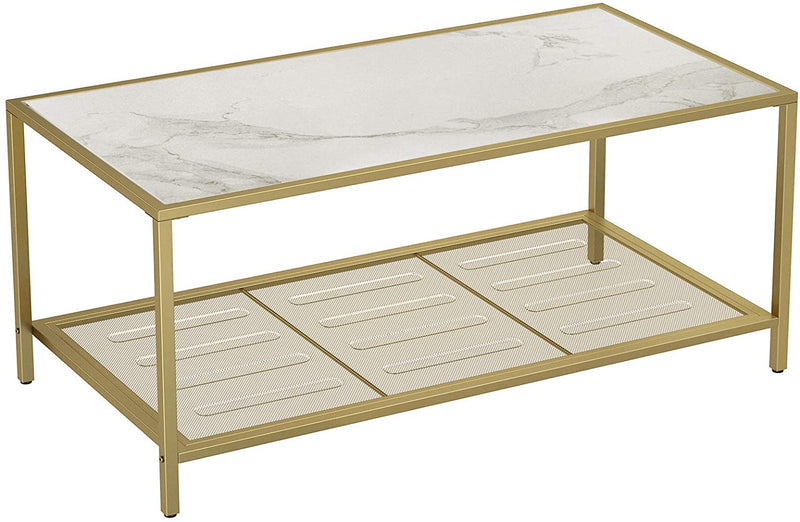 Salontafel, salontafel met gehard glas en dicht rasterwerk, gemaakt van metalen frame, , goudmarmeren look LGT031W01