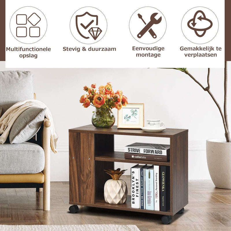 3-etage bijzettafel met plank voor opslag, bijzettafel met wielen voor kleine ruimtes,