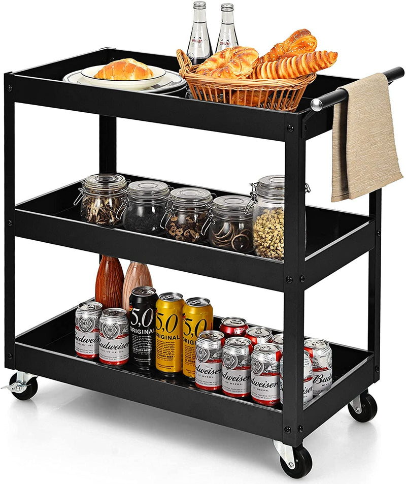 Keukentrolley met 3 lagen, stevige serveerwagen met veel opbergruimte en handvat, multifunctionele wagen met wielen, keukenwagen voor kantoor, garage, magazijn, werkplaats, 76 x 38 x 79 cm (Zwart)