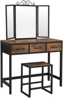 Kaptafel met kruk, Dressing Table met 3-delige klapspiegel en 3 lades, stalen frame, vintage bruin-zwart RVT02BX