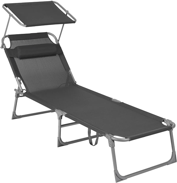 Ligstoel, ligstoel, tuinligstoel, met hoofdsteun en zonnedak, rugleuning verstelbaar, licht, inklapbaar, 53 x 193 x 29,5 cm, tot 150 kg belastbaar, tuin, balkon, donkergrijs GCB19UV1