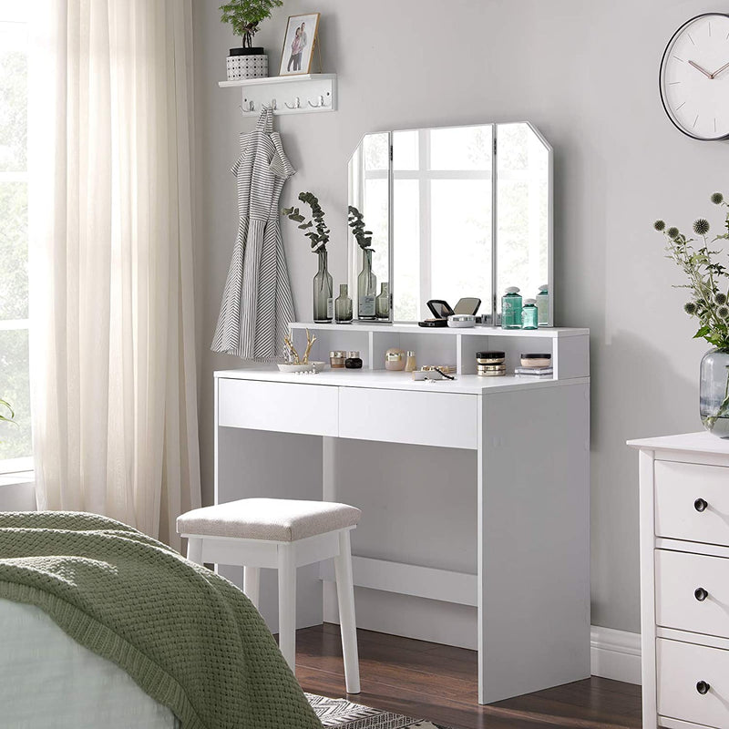 Kaptafel, kaptafel met opklapbare spiegel en 2 laden, cosmetische tafel met 3 open compartimenten, kaptafel, voor make-up, modern, wit RDT115W01