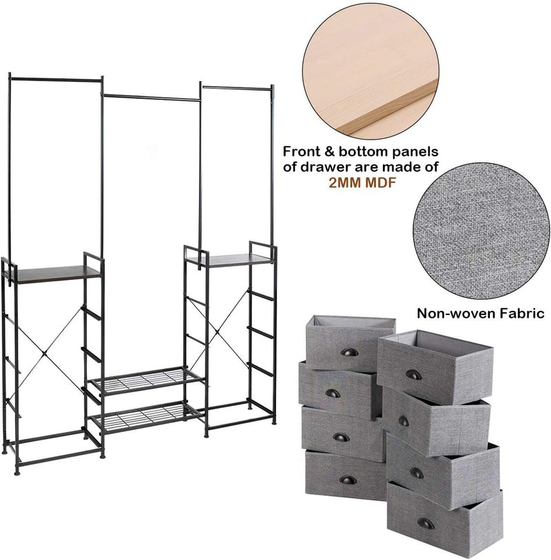 Stoffen ladekast dressoir met kleding stang schoenenrek, multifunctionele dressoir opbergtoren met 8 stoffen laden, metalen frame, opslag organisator voor kast hal slaapkamer woonkamer