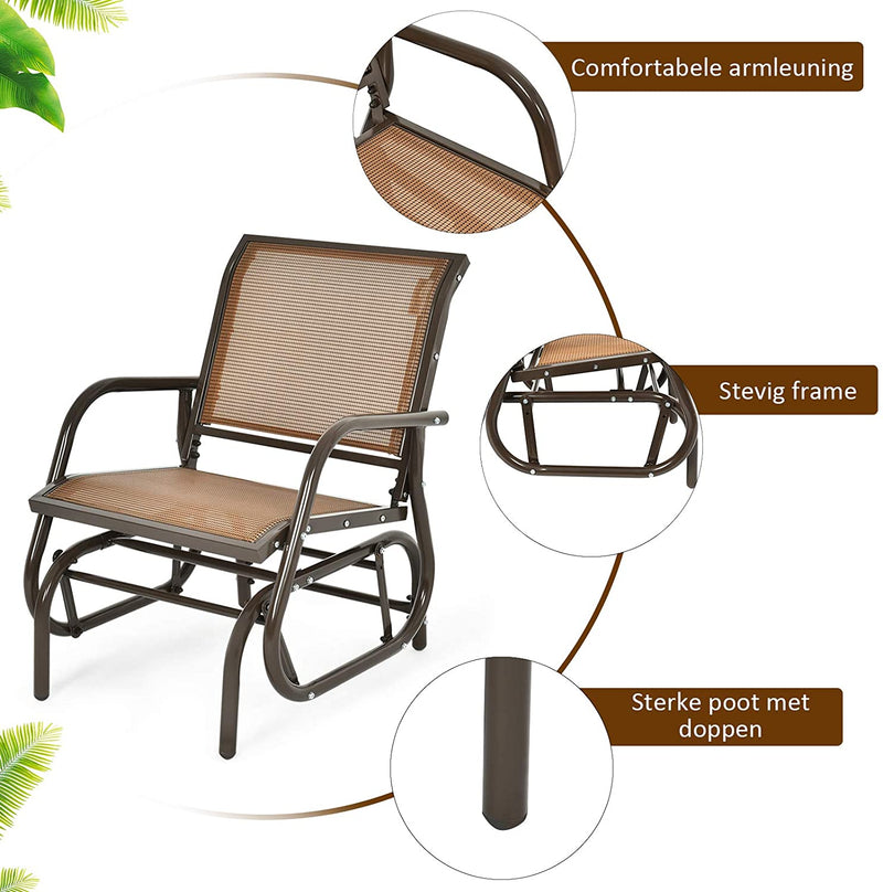 Schommel zweefstoel, Buiten schommelstoel met stevige metalen frame, Comfortabele enkele zweefstoel patio stoel voor tuin, veranda, achtertuin, zwembad, gazon (Bruin)