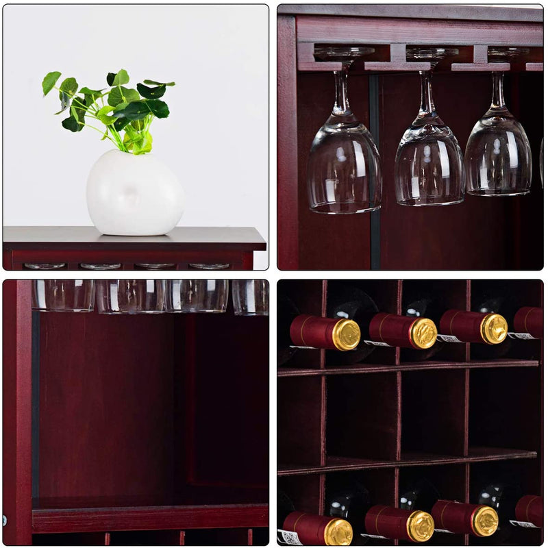 Wijnkast voor 20 flessen, wijn fles organisator opslag plank weergeven houten wijnrek met glas hanger en fles houder (Wijnrood)