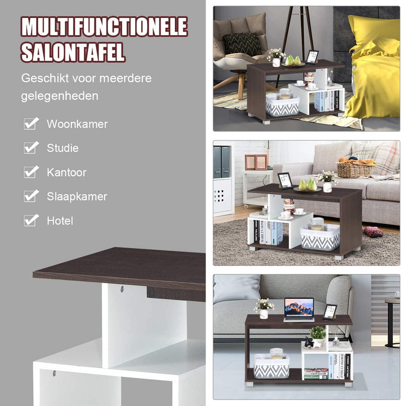 Koffietafel, Rechthoekige theetafel met opbergrek, 3-laags bank tafel, Moderne Consoletafel, Ruimtebesparende Organisator, Meubilair voor Thuiskantoor